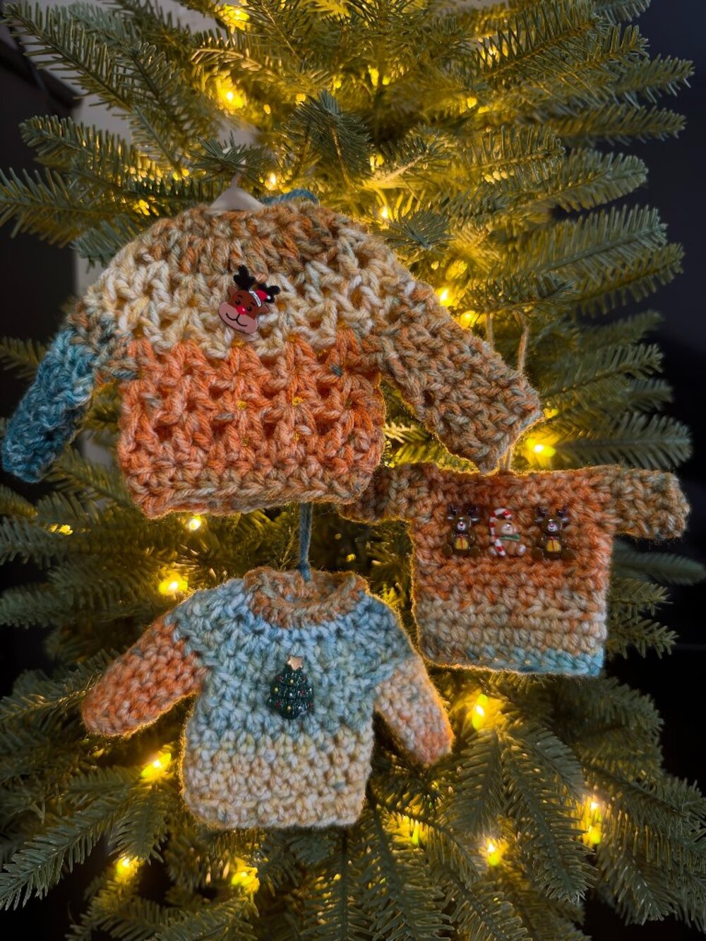 Handmade Crochet Ugly Christmas Sweaters Hanging Orange Blue Ornaments Set of 3